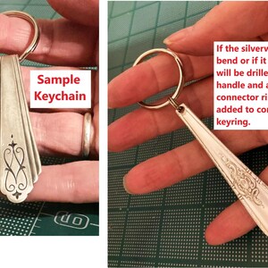 May include: A silver spoon keychain with an ornate handle design, attached to a gold-coloured keyring. The text "Sample Keychain" is visible. The image also includes text about the manufacturing process.