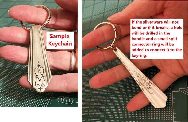 May include: A silver spoon keychain with an ornate handle design, attached to a gold-coloured keyring. The text "Sample Keychain" is visible. The image also includes text about the manufacturing process.