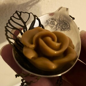 May include: A brown sugar rose in a silver spoon with a black metal leaf design.