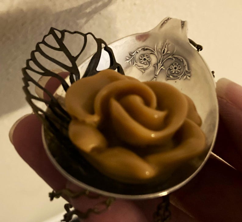 May include: A brown sugar rose in a silver spoon with a black metal leaf design.