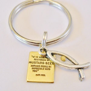 Faith the Size of a Mustard Seed Keychain - Mustard Seed Gift - Religious Christian Jewelry, Sign of the Fish, Jesus Bible Matthew 17:20