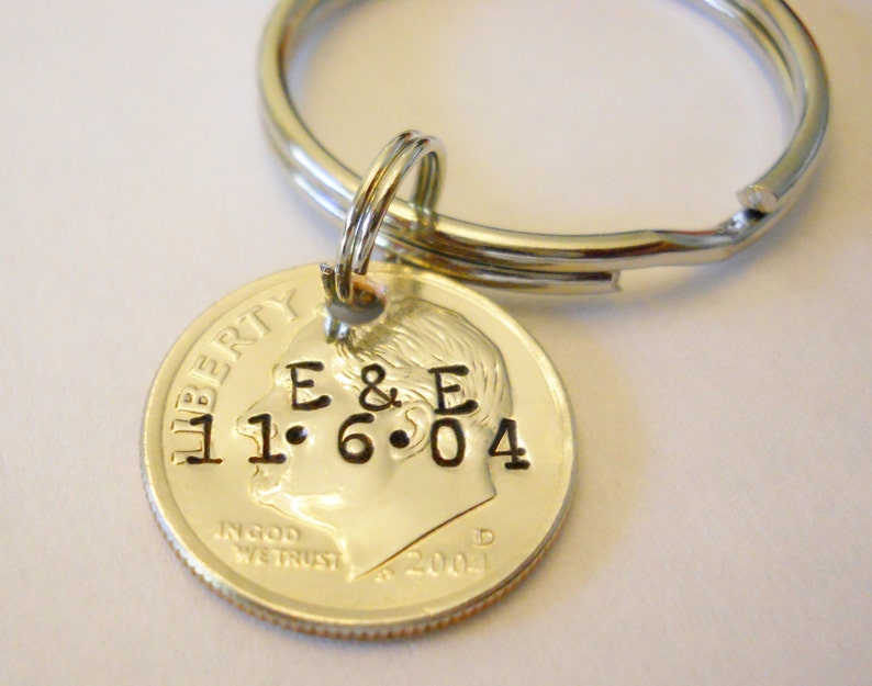 Stamped DIME 10th Tenth Wedding Anniversary for Wife Husband Personalized Initials Date 10 Year Anniversary Keychain Tin Anniversary Gift