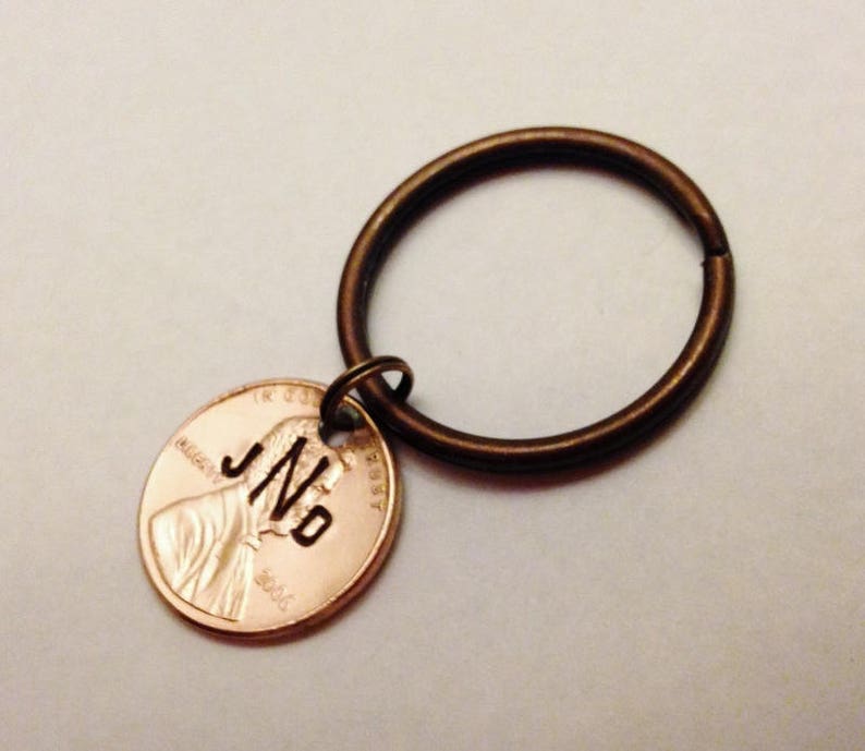 Monogram Keychain: Initials, Teen Boy Girl Gift, New Driver / Car, Personalized Stamped Lucky Penny Coin, Heart Option, 1959-2024, Gift Bag image 6