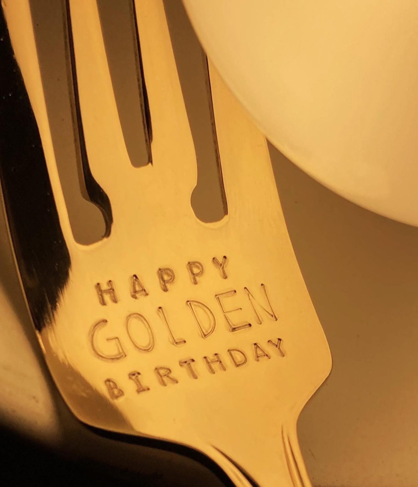 Golden Birthday Gift: Happy Golden Birthday Fork or 50th Birthday, Stamped Gold Dessert Fork for Boy Son Nephew Girl Daughter Niece Her Him