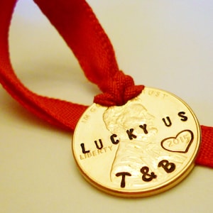 LUCKY US Ornament, Personalized Couples Anniversary Boyfriend Girlfriend Christmas Ornament, Stamped Engraved Initials, Lucky Penny 2024 +