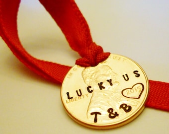 LUCKY US Ornament, Personalized Couples Anniversary Boyfriend Girlfriend Christmas Ornament, Stamped Engraved Initials, Lucky Penny 2025 +