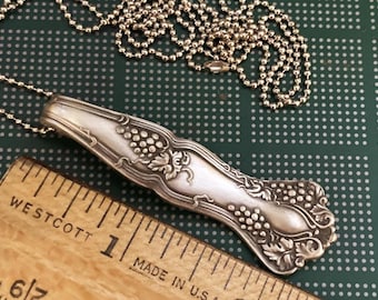 Grapes Vines Necklace, Silverware Spoon Jewelry, 1904 Vintage Silver Plated Spoon Handle Pendant, Upcycled Antique Flatware, Wine Lover, Box