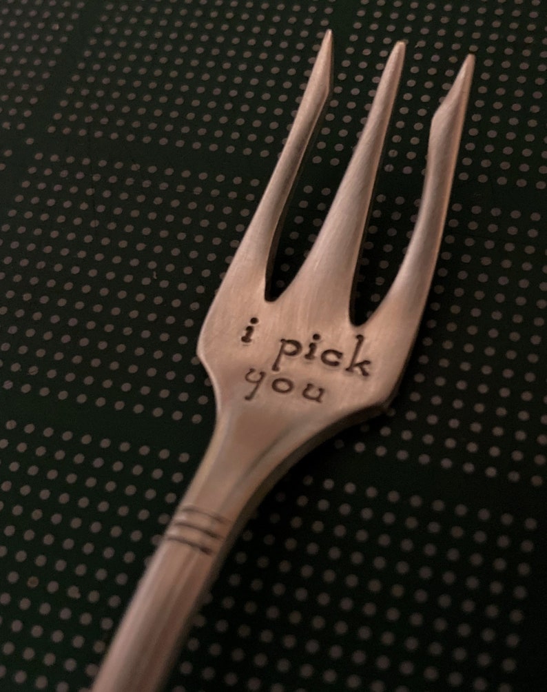 Stamped Cocktail Fork: I PICK YOU Charcuterie Board Fork Pick, Vintage Silver Appetizer Utensil, Cheese Meat Tray, Pickle Fork, Grazing Tray image 7