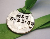 10th Anniversary Ornament: Personalized Wedding Christmas, Custom 10 Year Couples Gift; 2015 2025 Dime, Stamped Initials Date; Heart Option