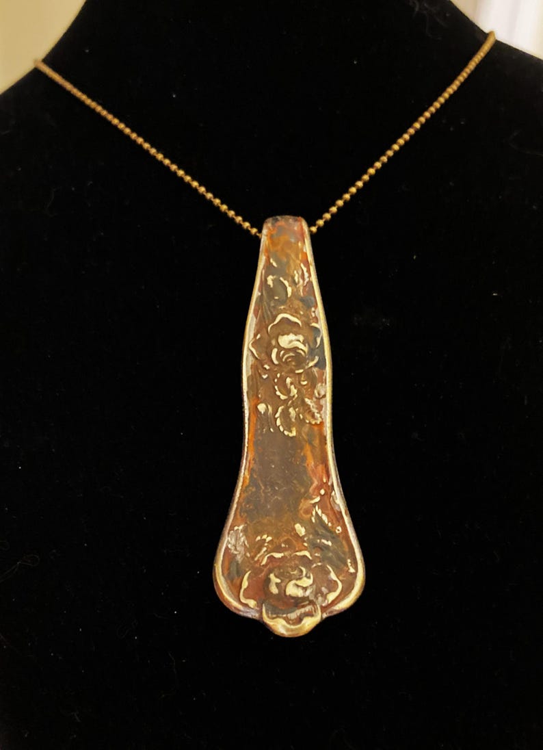 Painted Necklace, Spoon Art, Silverware Spoon Jewelry, Vintage Recycled Upcycled Flatware, RUSTIC Repurposed Silverplated Handle Pendant image 5