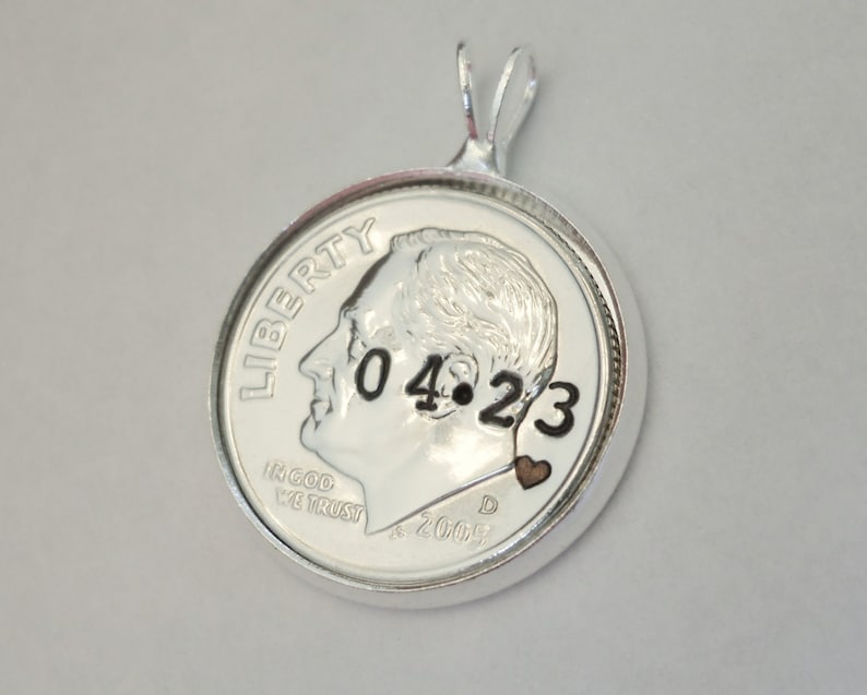 10th Wedding Anniversary Gift for Her Wife, Tenth Tin 10 Year Gifts for Women, Personalized Dime Jewelry, Uncirculated 2014 2024 2013 2023 image 1