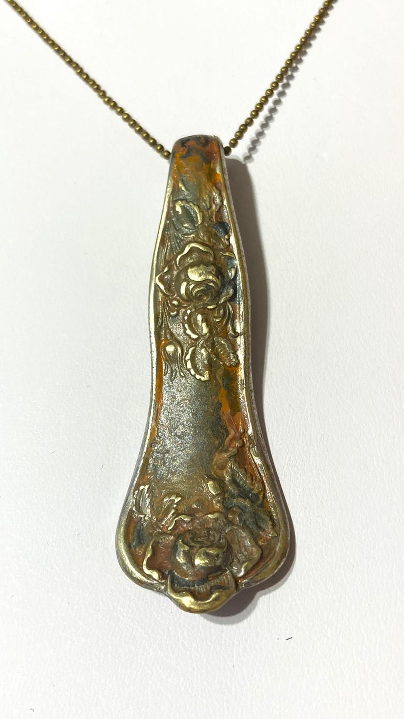 Painted Necklace, Spoon Art, Silverware Spoon Jewelry, Vintage Recycled Upcycled Flatware, RUSTIC Repurposed Silverplated Handle Pendant image 2