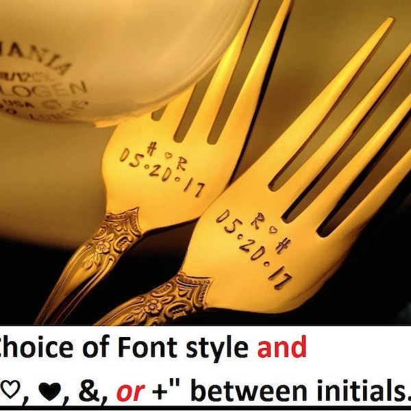 Wedding Forks: Gold Forks, Initials & Date; Engraved Hand Stamped GOLD Forks, Custom Personalized Cake Fork Set, Wedding Flatware Silverware
