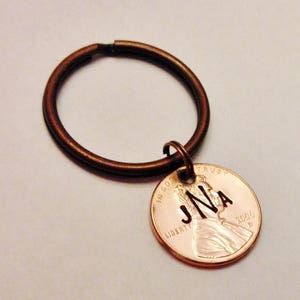 Monogram Keychain: Initials, Teen Boy Girl Gift, New Driver / Car, Personalized Stamped Lucky Penny Coin, Heart Option, 1959-2024, Gift Bag image 2