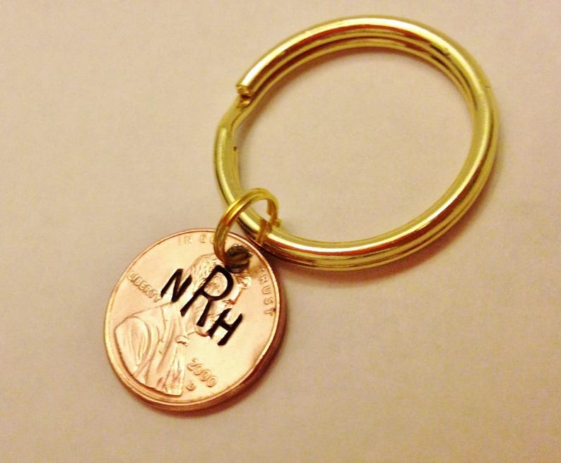 Monogram Keychain: Initials, Teen Boy Girl Gift, New Driver / Car, Personalized Stamped Lucky Penny Coin, Heart Option, 1959-2024, Gift Bag image 4