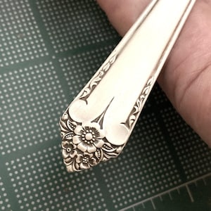 May include: Close-up of a silver-colored utensil, possibly a spoon or fork, with intricate floral and leaf patterns. The handle features a detailed flower design at the base, with delicate curves and embellishments along the edges. The utensil is held against a green surface.