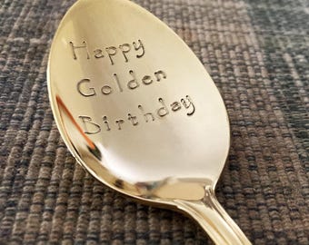 Golden Birthday Gift for Him or Her: Happy Golden Birthday, Stamped Gold Coffee Tea Ice Cream Spoon for Boy Boyfriend Son Nephew Daughter