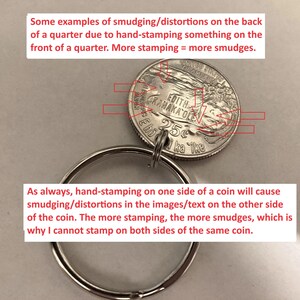 May include: A quarter coin with the text "EDITH KANAKA OLE" and "25&cent; ka ike" is attached to a silver keyring. The image shows examples of smudging and distortions on the coin's back due to hand-stamping on the front.