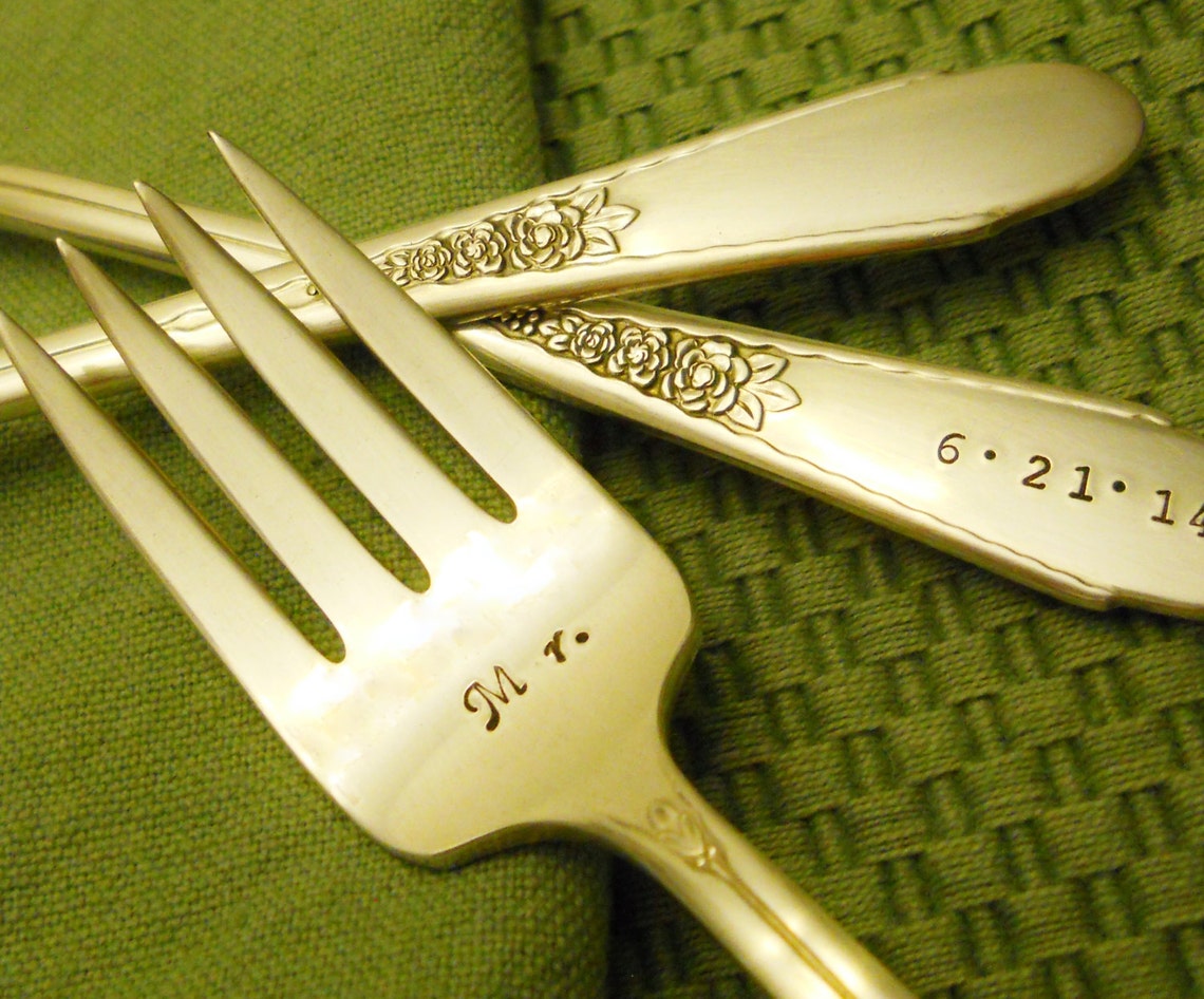 Wedding Cake Forks Hand Stamped Wedding Forks Personalized Etsy