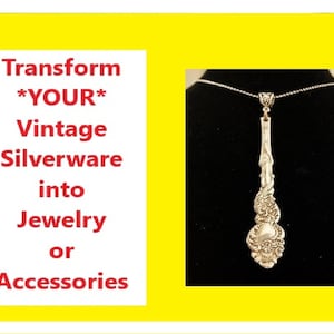 May include: Transform *YOUR* Vintage Silverware into Jewelry or Accessories. A silver pendant necklace with a detailed design hangs from a silver chain.
