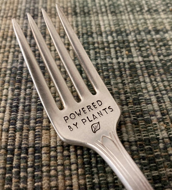 Powered By Plants Fork: Vegan Vegetarian Gift, Plant Based Healthy Eating, Birthday Christmas for Dietitian, Hand Stamped Vintage Silver