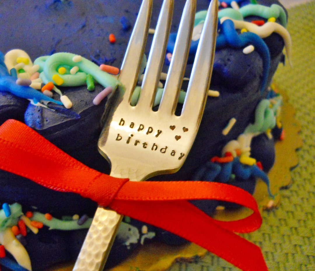 HAPPY BIRTHDAY Fork Unique Birthday Gift, Stamped Cake Topper