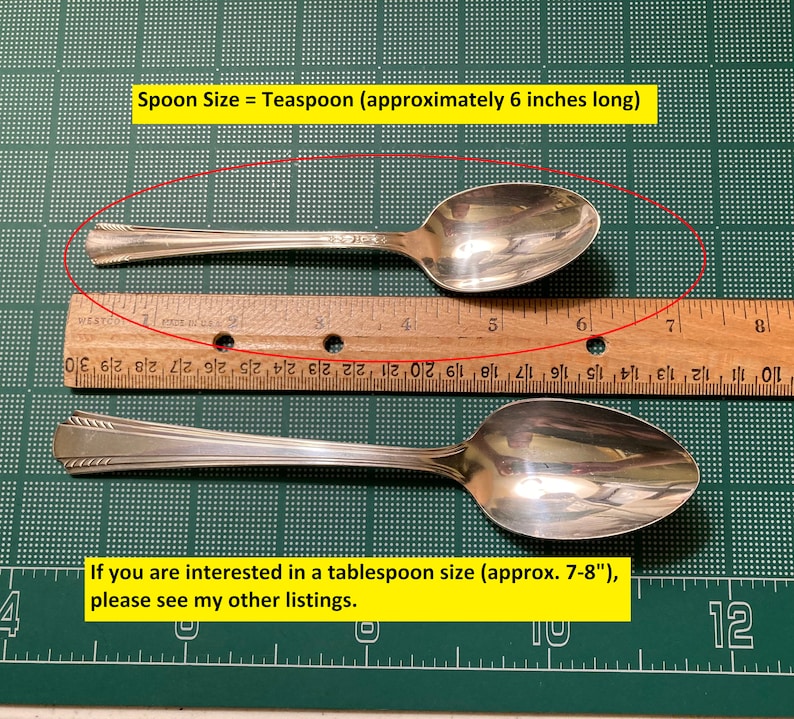 Pu&ograve; includere: Un cucchiaino d'argento, lungo circa 15 cm, &egrave; mostrato accanto a un righello di legno. Il cucchiaio ha un manico decorativo ed &egrave; posto su una superficie verde. Il testo nell'immagine dice "Spoon Size = Teaspoon (approximately 6 inches long)".