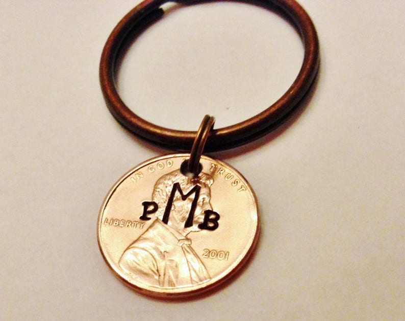 Monogram Keychain: Initials, Teen Boy Girl Gift, New Driver / Car, Personalized Stamped Lucky Penny Coin, Heart Option, 1959-2024, Gift Bag image 5