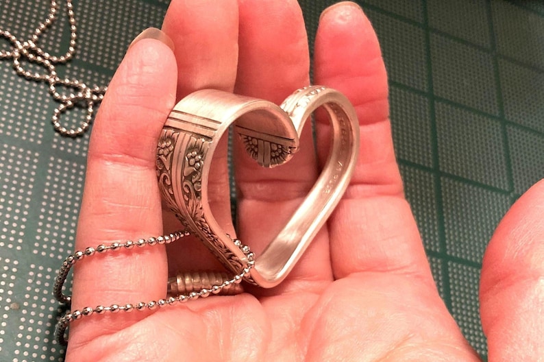 Spoon Heart Necklace, Floating Heart Pendant, Vintage Silverware Spoon Jewelry, Valentines Anniversary, Wife Her Girlfriend, 1937, Gift Box image 1