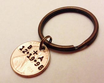 Anniversary Keychain: Penny Gifts, Personalized, Custom Year 1959 - 2025 Penny, Hand Stamped Date Initials, Heart Option, 7th Wedding Copper