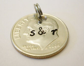 10th Anniversary Gift: Personalized 10 Year Wedding, Handstamped Initials Date Charm Pendant, Wife Husband Couple Her Gift, 2014 2024 + Dime