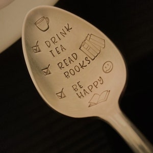 Drink Tea Read Books Be Happy Spoon: Tea Lover, Bookworm, Book Lover, Reader Gift, Bookish, Stamped Vintage Silver Teaspoon, Gift for Her image 4