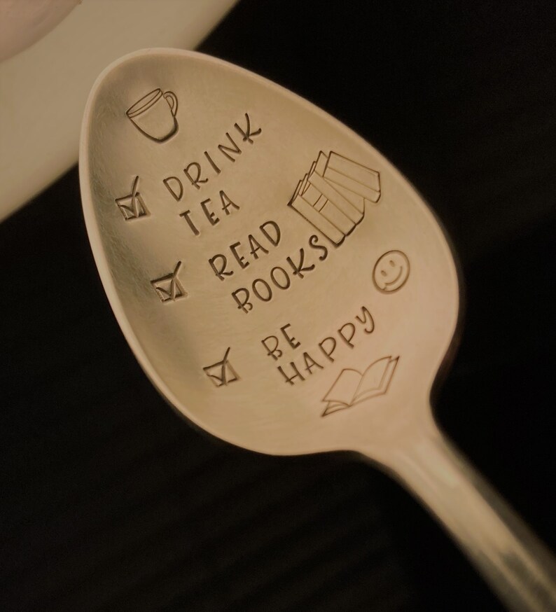 Drink Tea Read Books Be Happy Spoon: Tea Lover, Bookworm, Book Lover, Reader Gift, Bookish, Stamped Vintage Silver Teaspoon, Gift for Her image 4