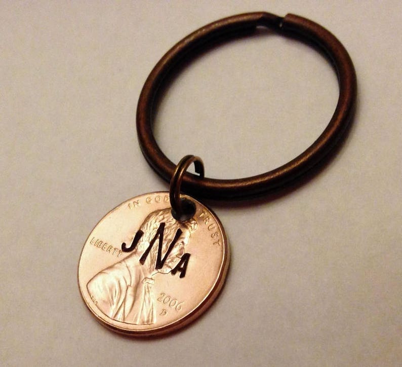 Monogram Keychain: Initials, Teen Boy Girl Gift, New Driver / Car, Personalized Stamped Lucky Penny Coin, Heart Option, 1959-2024, Gift Bag image 1