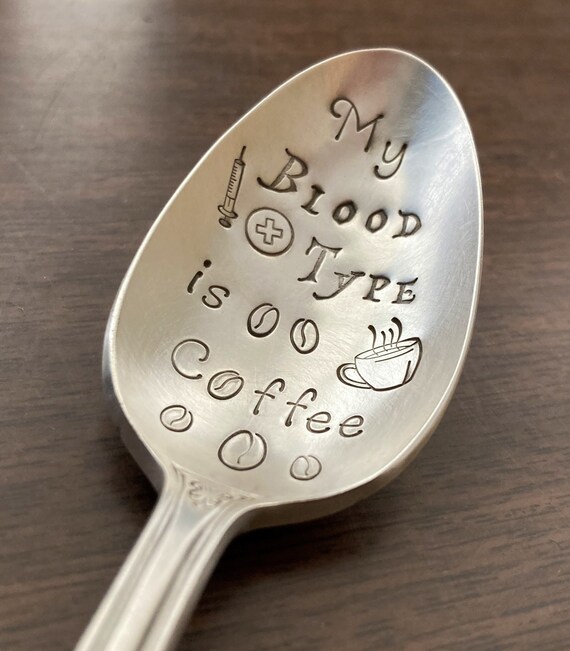 My Blood Type is Coffee spoon, Funny Coffee Spoon, Coffee Lover Gift, Stamped Vintage Silverplate, Birthday Christmas Halloween for Him Her