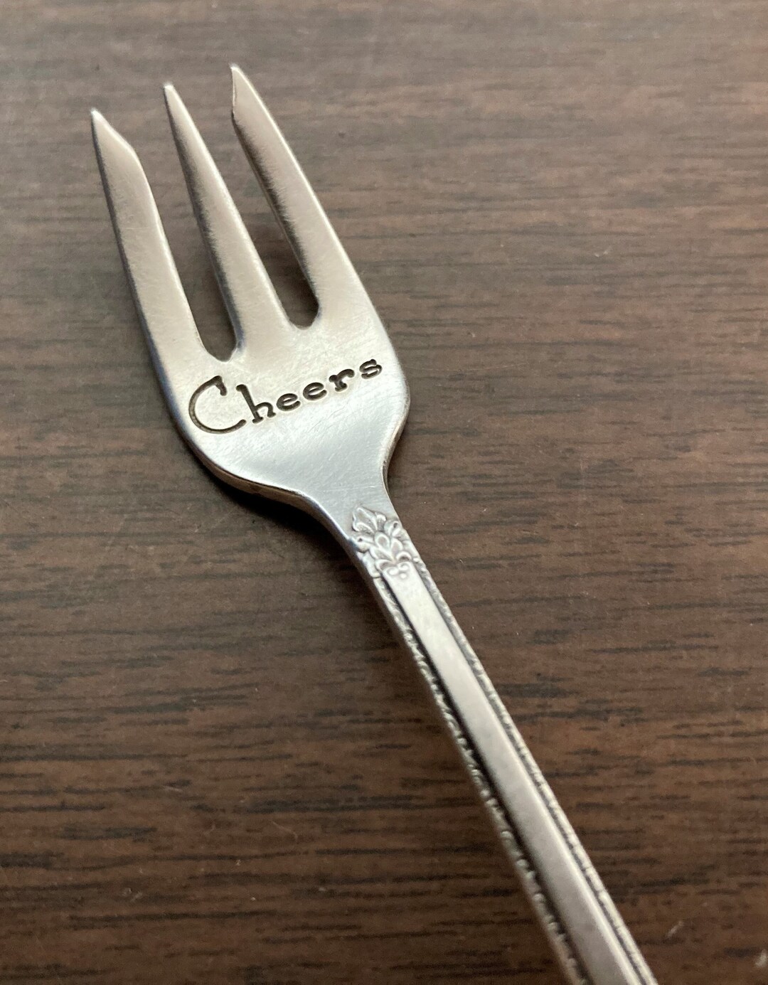Cheers Cocktail Fork Charcuterie Board Pick, Stamped Vintage Silver