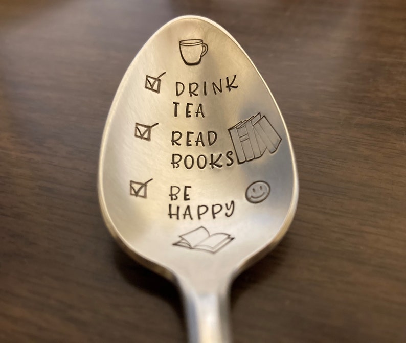 Drink Tea Read Books Be Happy Spoon: Tea Lover, Bookworm, Book Lover, Reader Gift, Bookish, Stamped Vintage Silver Teaspoon, Gift for Her image 3