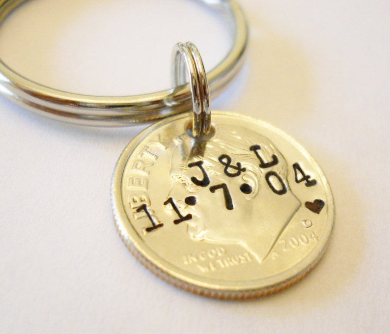 Stamped DIME 10th Tenth Wedding Anniversary for Wife Husband Personalized Initials Date 10 Year Anniversary Keychain Tin Anniversary Gift