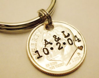Stamped Dime Keychain, 10th Anniversary Gift, Personalized Initials Date, 2004-2026