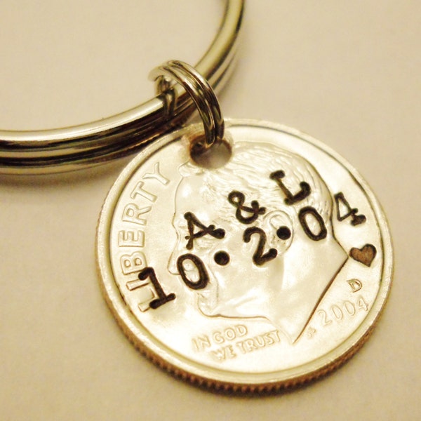 10 Year Anniversary Stamped DIME Keychain; Couple Gift, 10th/Tenth Wedding, Personalized Mens Womens Initials Date, UNCIRCULATED 2014 2024 +