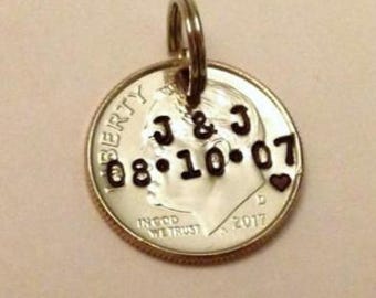 10 Year Anniversary Gift: DIME Pendant Keychain Charm; 10th Wedding; Custom Stamped Initials/Date; Personalized Couples; 2016 + UNCIRCULATED
