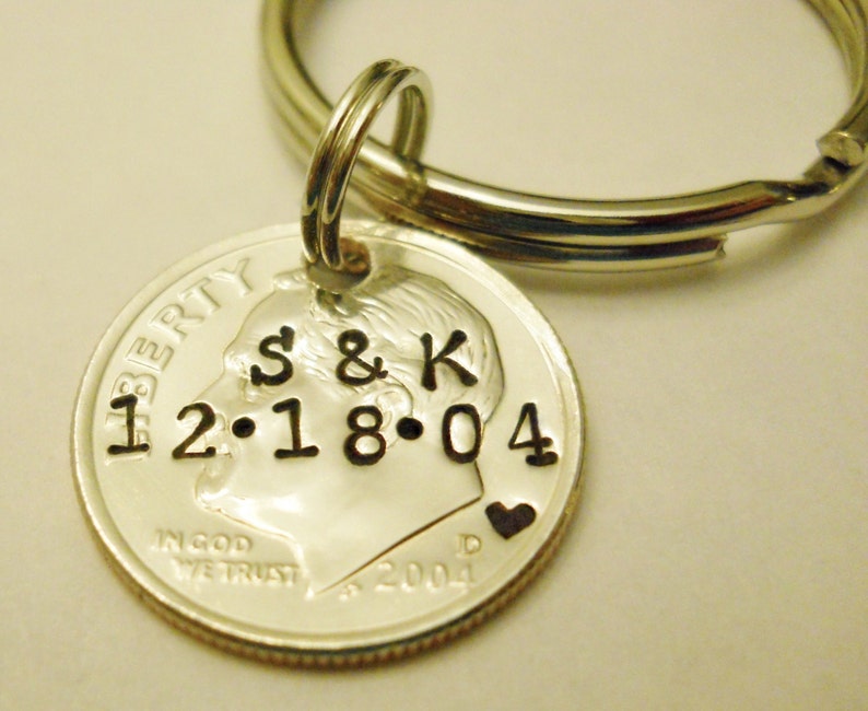 Stamped DIME 10th Tenth Wedding Anniversary for Wife Husband Personalized Initials Date 10 Year Anniversary Keychain Tin Anniversary Gift