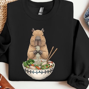 Funny Capybara Eating Ramen Sweatshirt, Japanese Noodle Bowl Sweater, Kawaii Animal Food Lover Gift