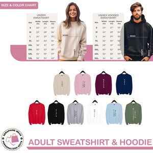 May include: An image displaying a size and colour chart for unisex sweatshirts and hoodies. The chart provides measurements in inches for width, length, and sleeve length. Several sweatshirt colours are shown, including sand, pink, maroon, navy, red, black, grey, white, light blue, and military green.