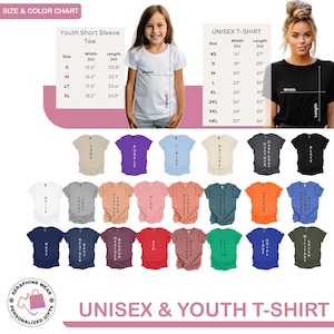 May include: Size chart for youth and unisex t-shirts. The chart shows the width and length measurements in inches for each size. The chart also includes a color chart with 24 different colors of t-shirts.