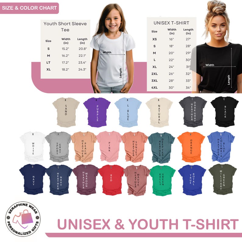 May include: Size chart for youth and unisex t-shirts. The chart shows the width and length measurements in inches for each size. The chart also includes a color chart with 24 different colors of t-shirts.