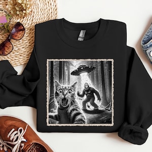 Funny UFO Cat Selfie Sweater, Alien Animal Meme Graphic Shirt, Weird Stuff Sweater, Hilarious Cat Hoodie