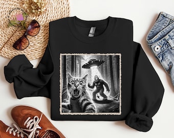 Funny UFO Cat Selfie Sweater, Alien Animal Meme Graphic Shirt, Weird Stuff Sweater, Hilarious Cat Hoodie