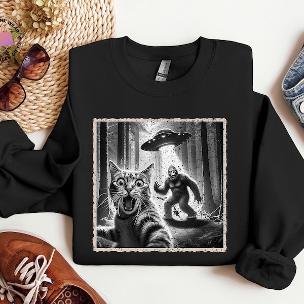 Funny UFO Cat Selfie Sweater, Alien Animal Meme Graphic Shirt, Weird Stuff Sweater, Hilarious Cat Hoodie