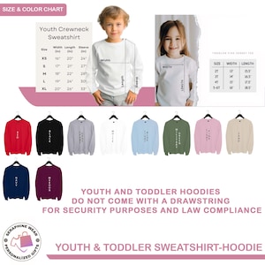 May include: A size and colour chart for youth crewneck sweatshirts and toddler fine jersey tees. The chart includes measurements in inches for width, length, and sleeve. Various coloured sweatshirts are displayed, including red, black, and navy.